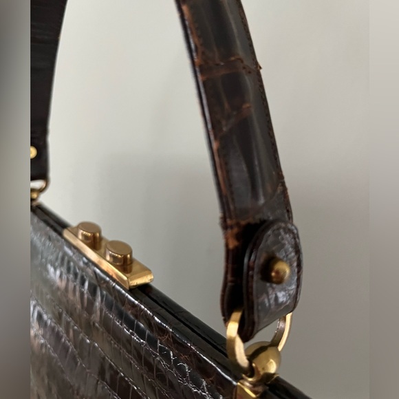 VINTAGE MANON HANDBAG GENUINE ALLIGATOR FRAME BAG DARK BROWN PURSE VTG - Picture 11 of 13